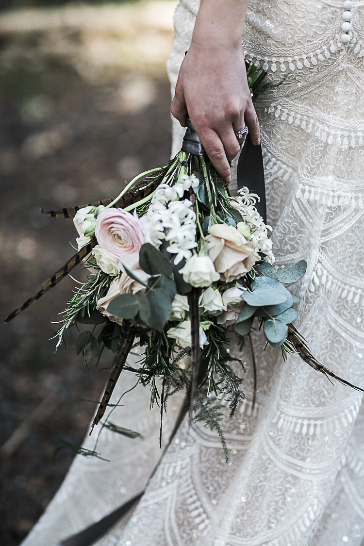 Bouquet Roses Feathers Flowers Bride Bridal Bohemian Macramé Woodland Wedding Ideas https://samieleephotography.com/