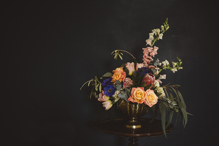 Asymmetrical Urn Flowers Peach Protea Rose Tall Dutch Masters Wedding Inspiration https://www.kindredphotography.co.uk/