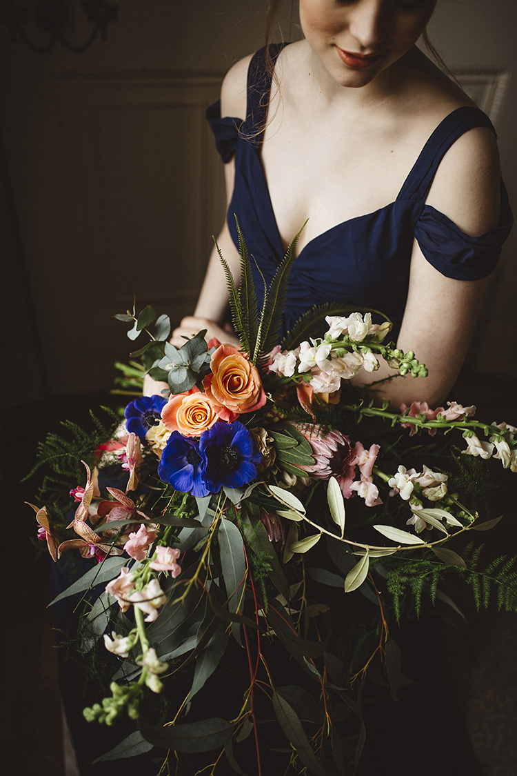 Large Bouquet Rose Orchid Fern Peach Blue Bride Bridal Dutch Masters Wedding Inspiration https://www.kindredphotography.co.uk/