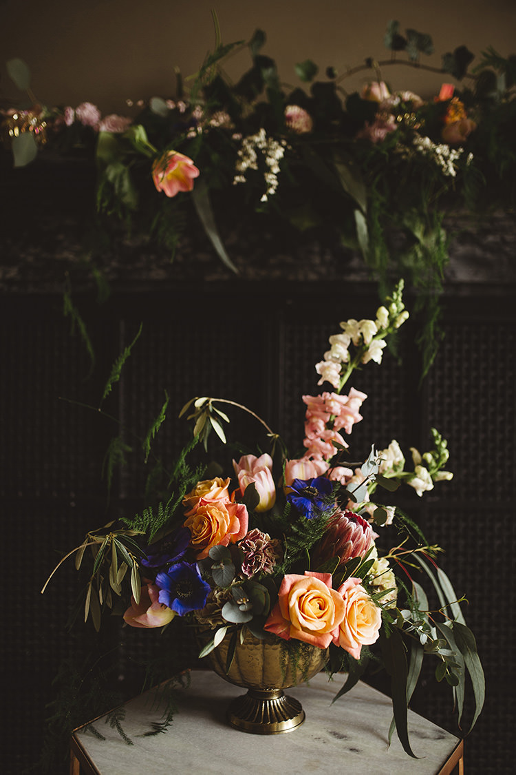Asymmetrical Gold Urn Flowers Peach Pink Green Blue Dutch Masters Wedding Inspiration https://www.kindredphotography.co.uk/