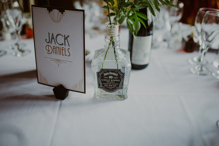 Table Name Bottle DIY Art Deco Jack Daniels 1920s Speakeasy Country House Glamour Wedding https://www.bearscollective.com/