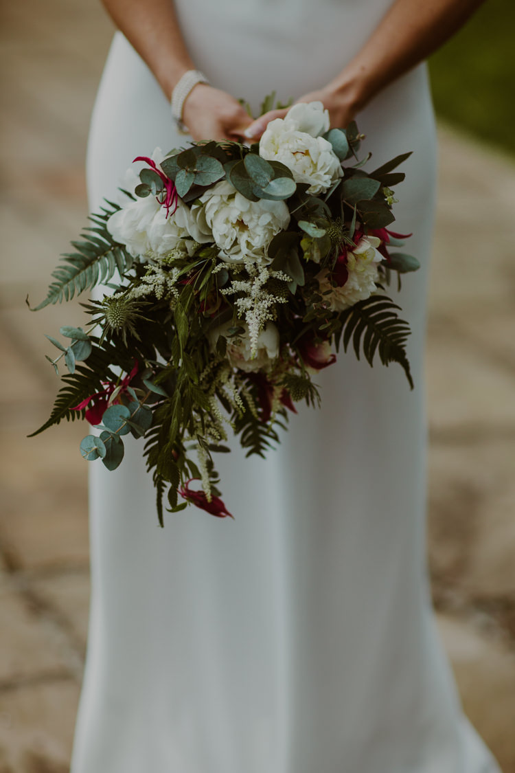 Bride Bridal Bouquet Ferns Peonies Eucalyptus White 1920s Speakeasy Country House Glamour Wedding https://www.bearscollective.com/