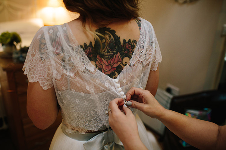 Tattoo Bride Bridal Gown Separates Lace Buttons Top Indie Outdoorsy Cowshed DIY Wedding http://www.danhoughphoto.com/