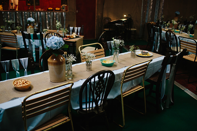 Rustic Decor Tables Long Hessian Cloths Indie Outdoorsy Cowshed DIY Wedding http://www.danhoughphoto.com/
