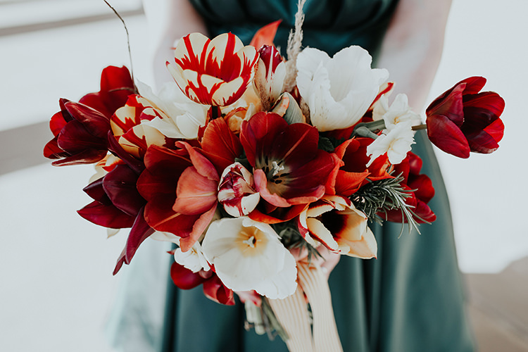 Tulip Bouquet Flowers Bride Bridal Spring Whimsical All The Colours Quirky Dinosaur Wedding https://leahlombardi.com/