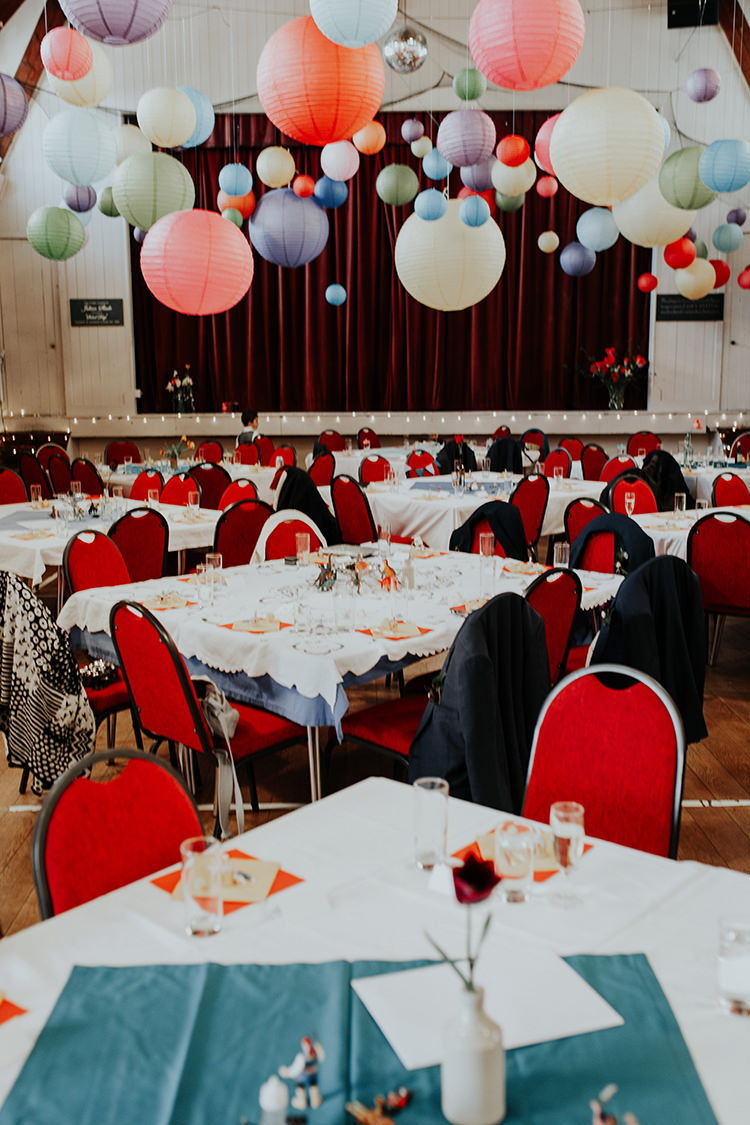 Hall Multicolour Lanterns Decor All The Colours Quirky Dinosaur Wedding https://leahlombardi.com/