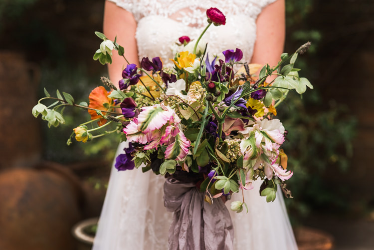 Bouquet Flowers Wild Natural Whimsical Bride Bridal Ranunculus Lavender Silk Ribbon First Look Wedding Ideas Country Estate Garden http://annamorganphotography.co.uk/