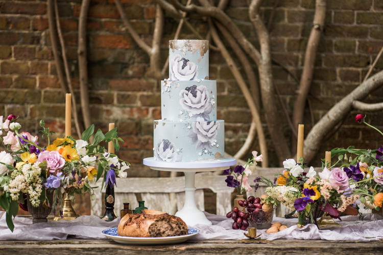 Floral Cake Pale Blue Silver Metallic Table Flowers First Look Wedding Ideas Country Estate Garden http://annamorganphotography.co.uk/