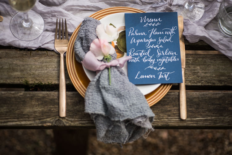 Place Setting Decor Stationery Calligraphy Gold Blue Grey First Look Wedding Ideas Country Estate Garden http://annamorganphotography.co.uk/