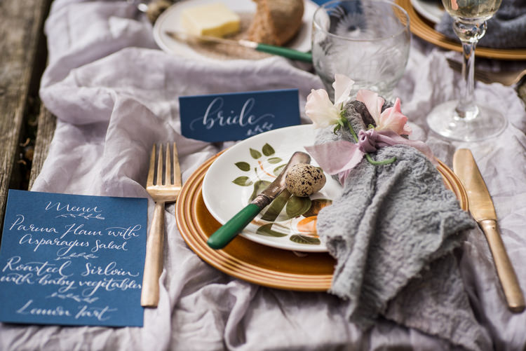 Place Setting Decor Stationery Calligraphy Gold Blue Grey Slk First Look Wedding Ideas Country Estate Garden http://annamorganphotography.co.uk/