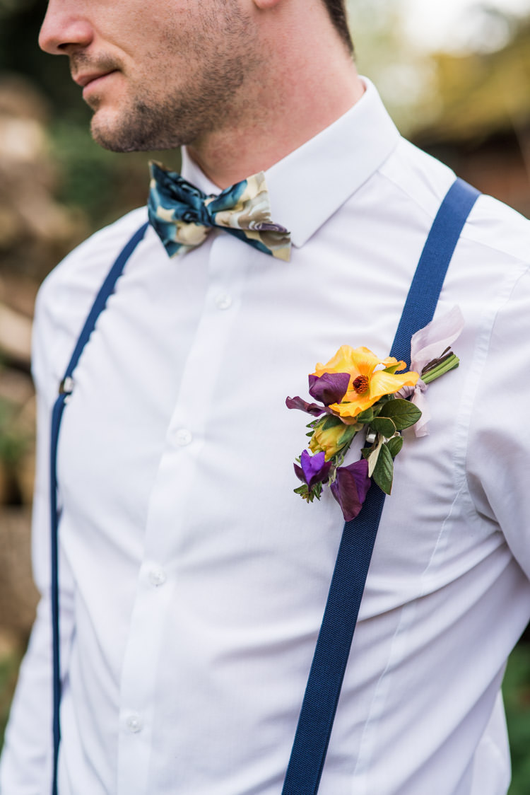 Buttonhole Yellow Purple Print Bow Tie Braces Groom Style Outfit Attire First Look Wedding Ideas Country Estate Garden http://annamorganphotography.co.uk/
