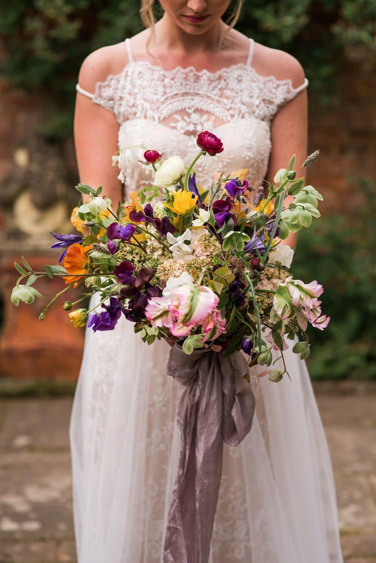 Bouquet Flowers Wild Natural Whimsical Bride Bridal Ranunculus Lavender Silk Ribbon First Look Wedding Ideas Country Estate Garden http://annamorganphotography.co.uk/