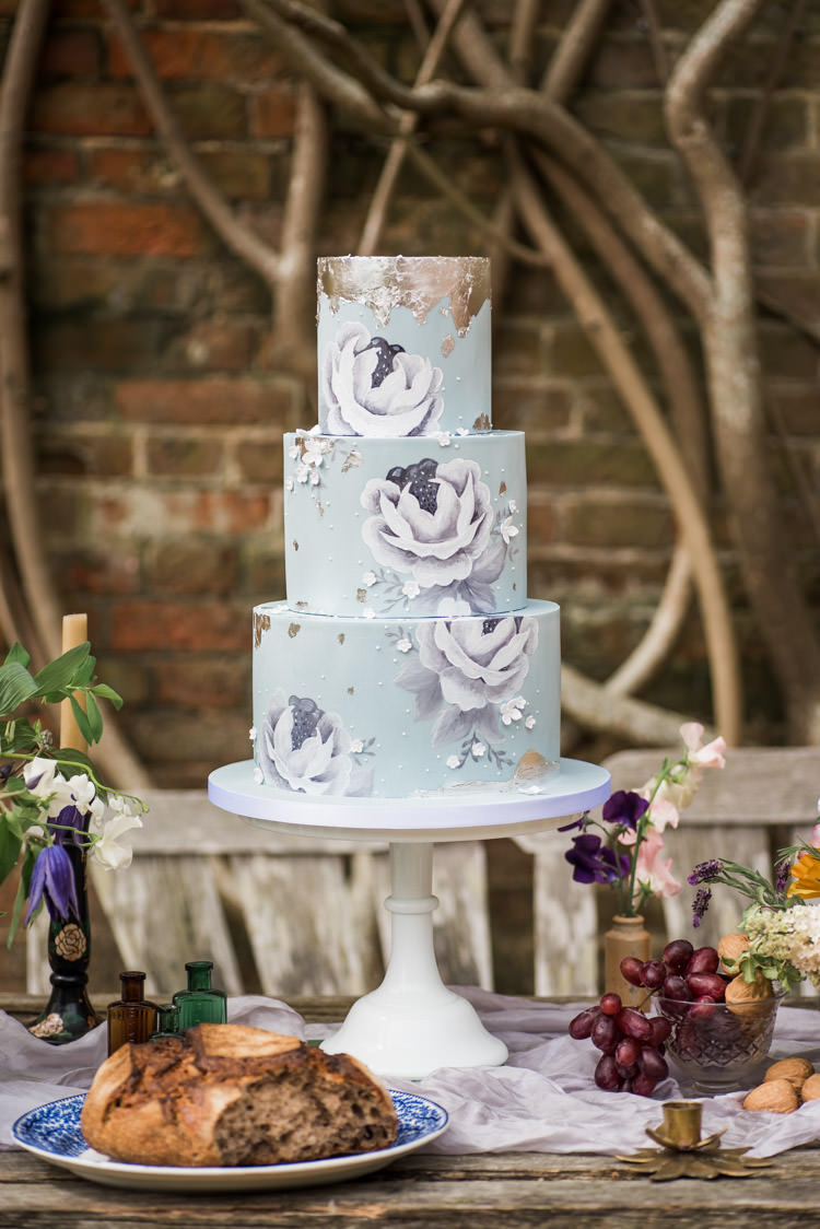Floral Cake Pale Blue Silver Metallic Painted First Look Wedding Ideas Country Estate Garden http://annamorganphotography.co.uk/