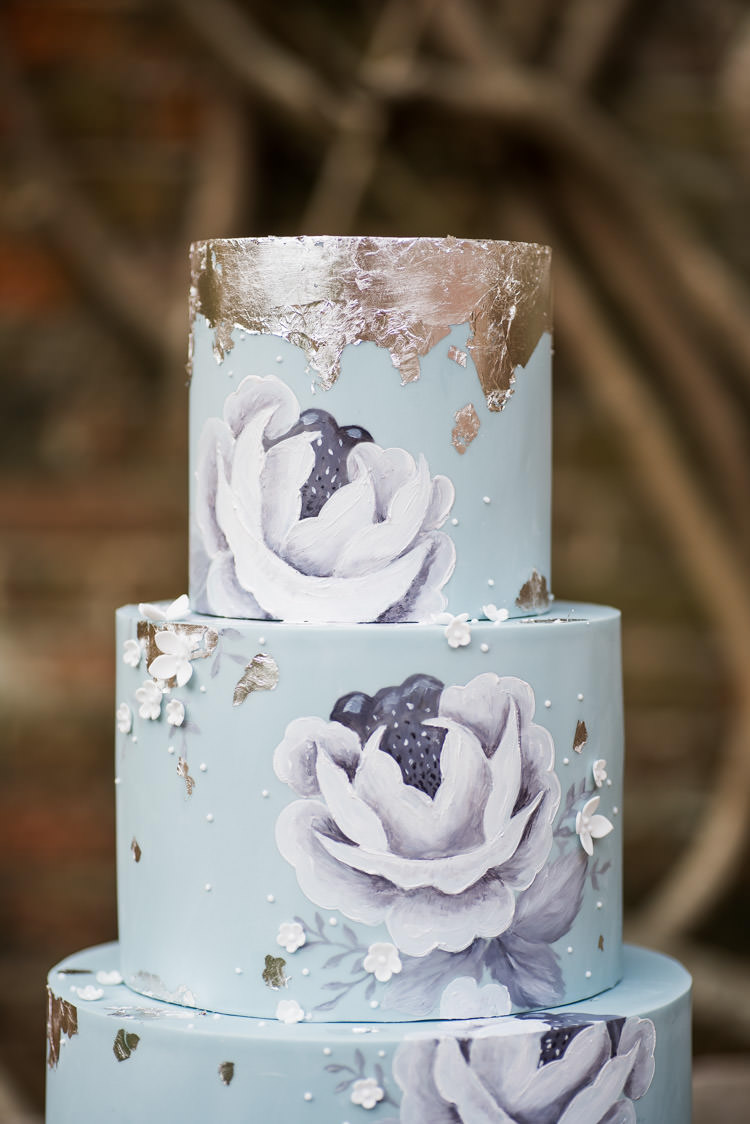 Floral Cake Pale Blue Silver Metallic Painted First Look Wedding Ideas Country Estate Garden http://annamorganphotography.co.uk/