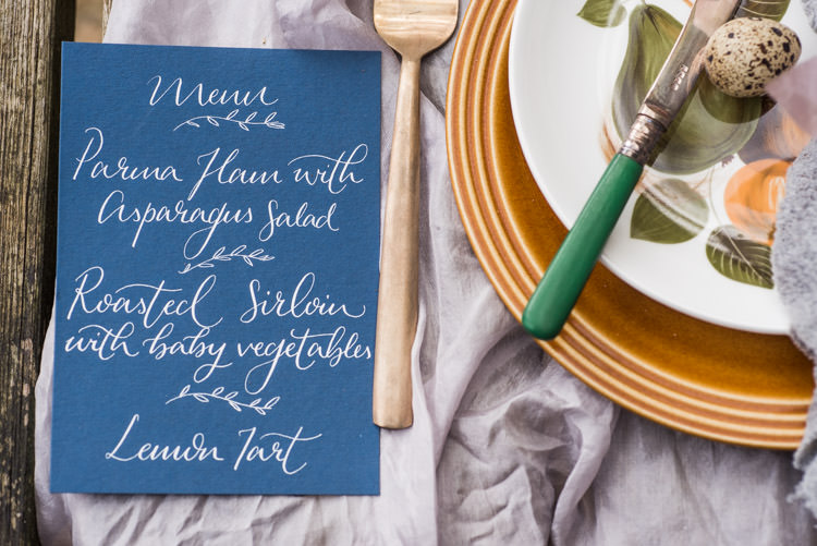 Place Setting Decor Stationery Calligraphy Gold Blue Grey First Look Wedding Ideas Country Estate Garden http://annamorganphotography.co.uk/