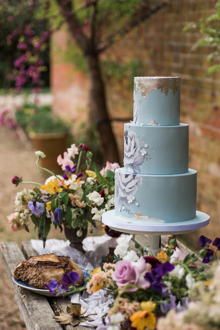 Floral Cake Pale Blue Silver Metallic First Look Wedding Ideas Country Estate Garden http://annamorganphotography.co.uk/