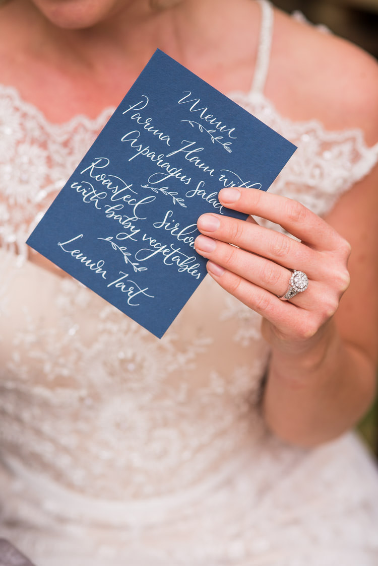 Calligraphy Menu Stationery Blue White First Look Wedding Ideas Country Estate Garden http://annamorganphotography.co.uk/