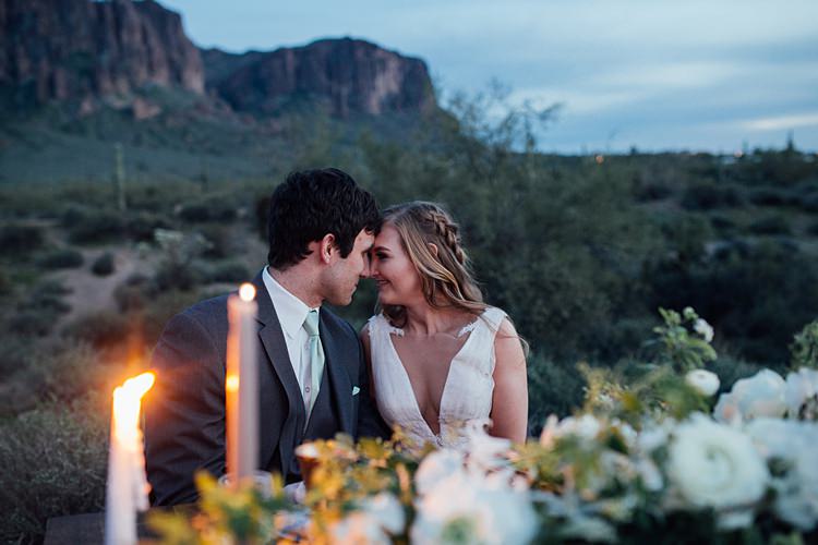 Bride Groom Close Seated Romantic Desert Elopement Ideas http://beginningandendphoto.com/
