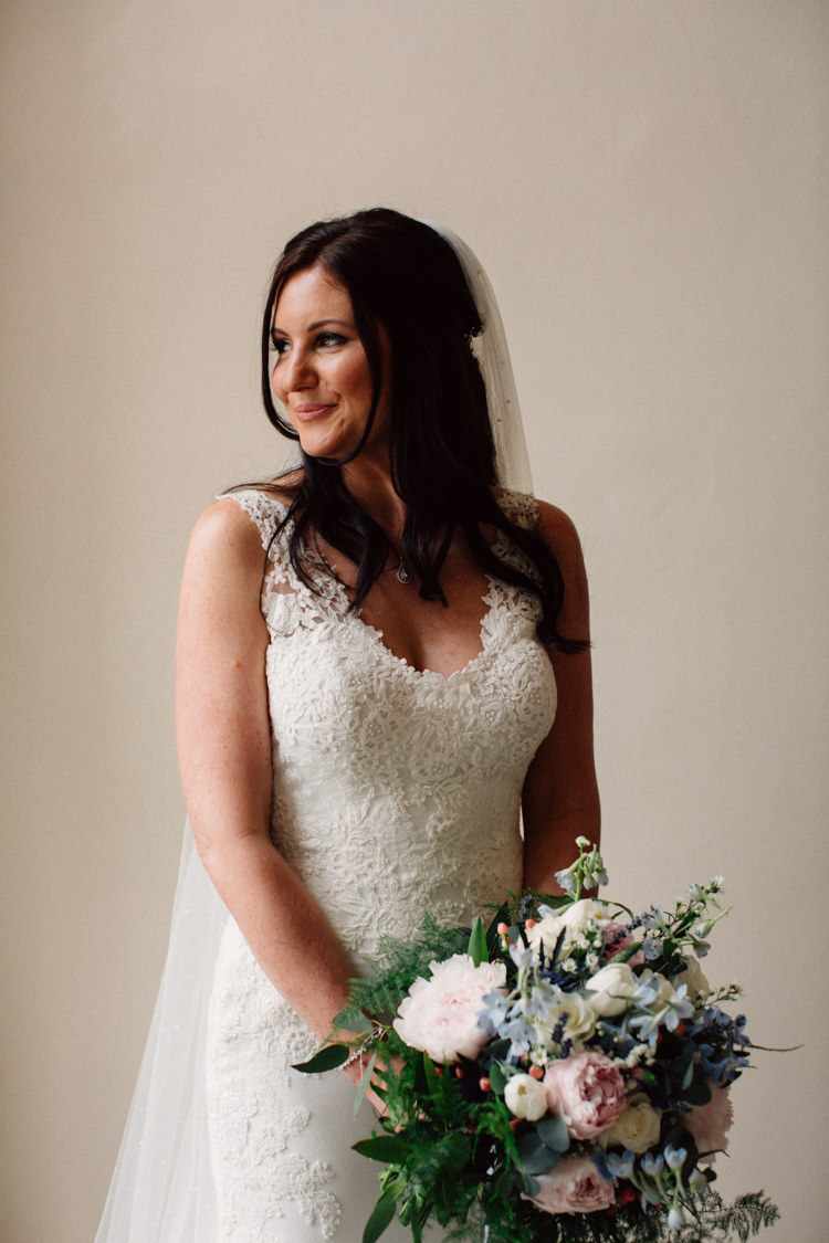 Straps Lace Dress Gown Bride Bridal Pronovias Veil Delightfully Stylish Spring Wedding in the Lake District http://jamiedunnphotography.com/