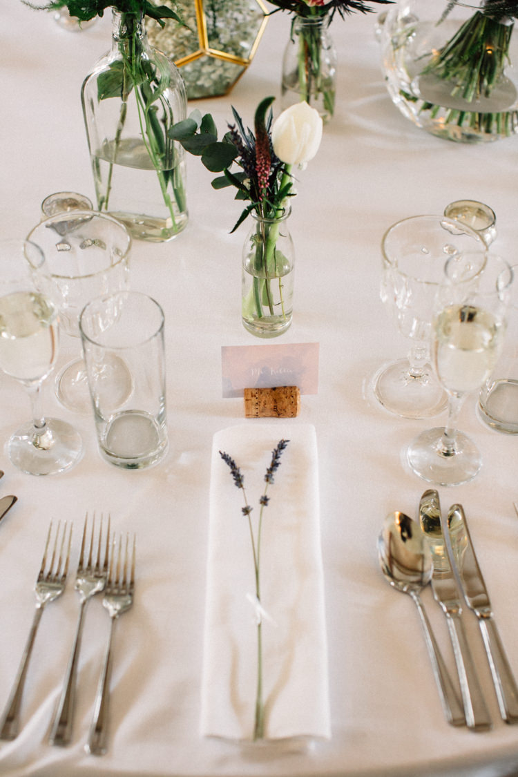 Bottle Flowers Lavender Place Setting Delightfully Stylish Spring Wedding in the Lake District http://jamiedunnphotography.com/