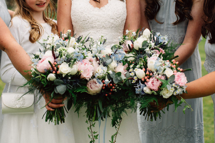 Bridesmaid Flowers Bouquet Pink Blue Cream Peony Rose Delightfully Stylish Spring Wedding in the Lake District http://jamiedunnphotography.com/