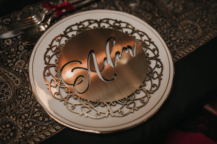 Laser Cut Gold Place Mat Setting Name Modern Jewel Tone Asian Fusion Wedding Ideas http://liannegrayphotography.com/