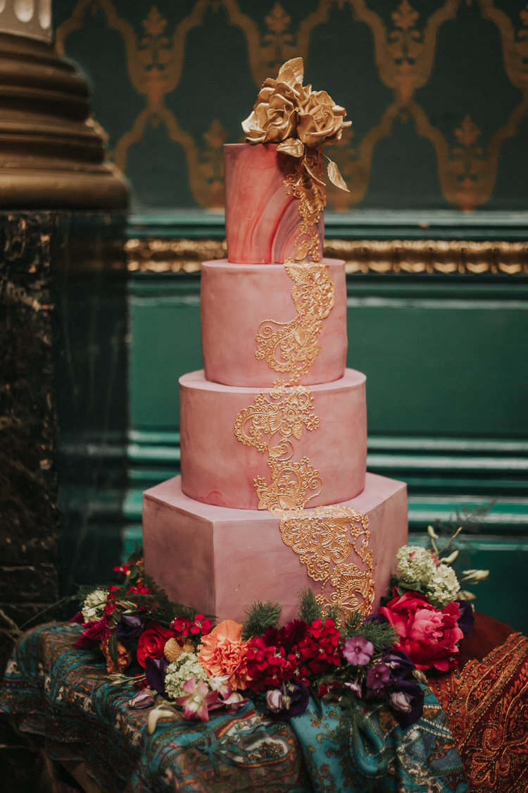 Gold Pink Cake Floral Marble Flowers Modern Jewel Tone Asian Fusion Wedding Ideas http://liannegrayphotography.com/
