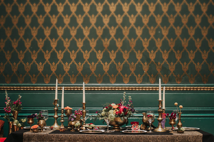 Tablescape Decor Table Candles Flowers Gold Modern Jewel Tone Asian Fusion Wedding Ideas http://liannegrayphotography.com/