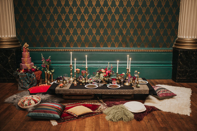 Tablescape Decor Table Candles Flowers Gold Cushions Floor Modern Jewel Tone Asian Fusion Wedding Ideas http://liannegrayphotography.com/