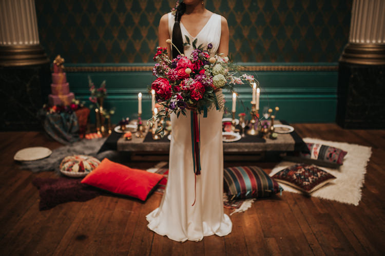 Bouquet Red Marsala Rose Prony Craspedia Bride Bridal Flowers Ribbons Modern Jewel Tone Asian Fusion Wedding Ideas http://liannegrayphotography.com/