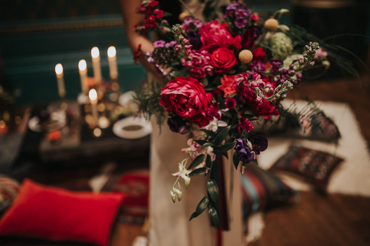 Bouquet Red Marsala Rose Prony Craspedia Bride Bridal Flowers Modern Jewel Tone Asian Fusion Wedding Ideas http://liannegrayphotography.com/
