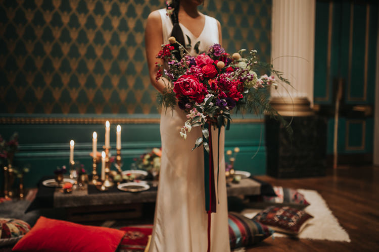 Bouquet Red Marsala Rose Prony Craspedia Bride Bridal Flowers Ribbons Modern Jewel Tone Asian Fusion Wedding Ideas http://liannegrayphotography.com/