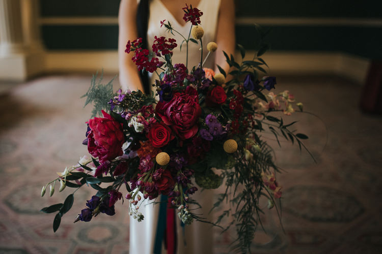 Bouquet Red Marsala Rose Prony Craspedia Bride Bridal Flowers Modern Jewel Tone Asian Fusion Wedding Ideas http://liannegrayphotography.com/