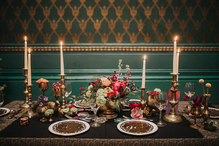 Tablescape Decor Table Candles Flowers Gold Modern Jewel Tone Asian Fusion Wedding Ideas http://liannegrayphotography.com/