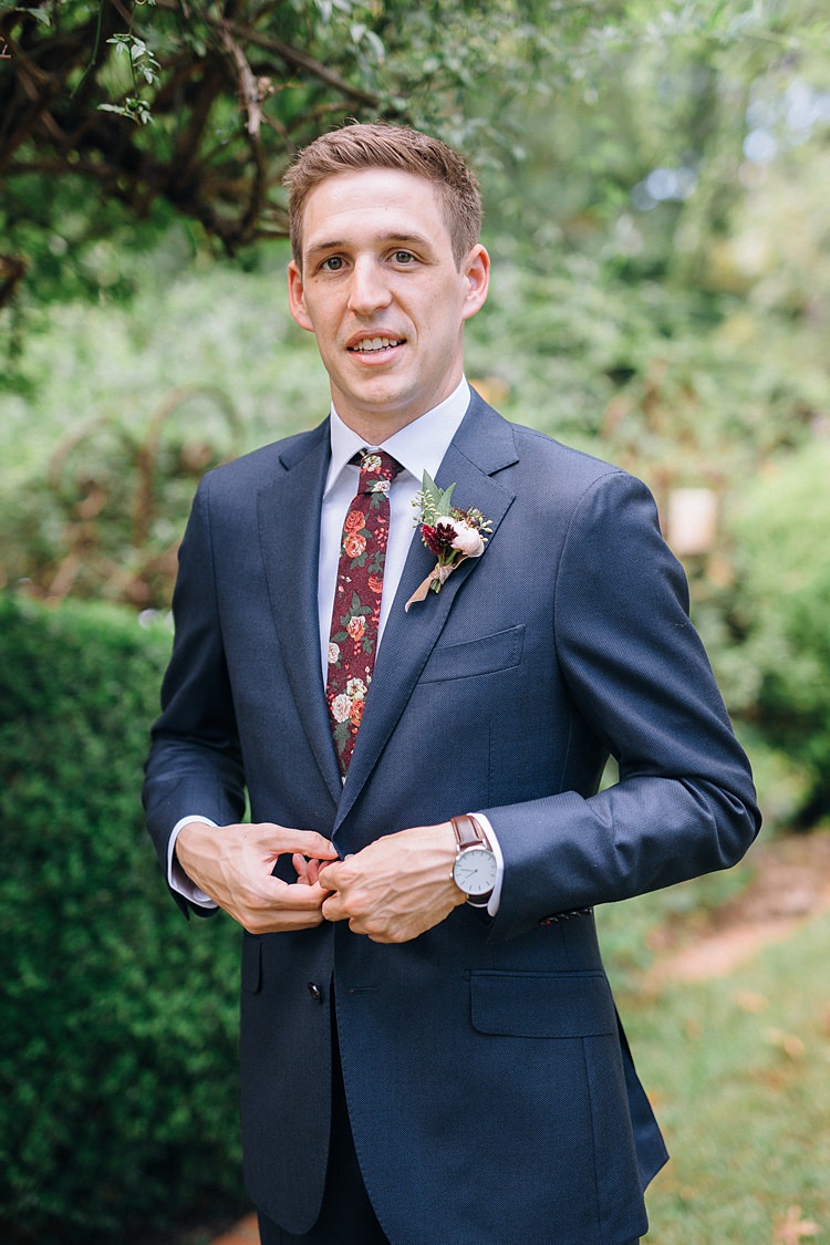 Groom Navy Suit Floral Tie Bohemian Outdoor Greenery Wedding Georgia http://www.sowingclover.com/