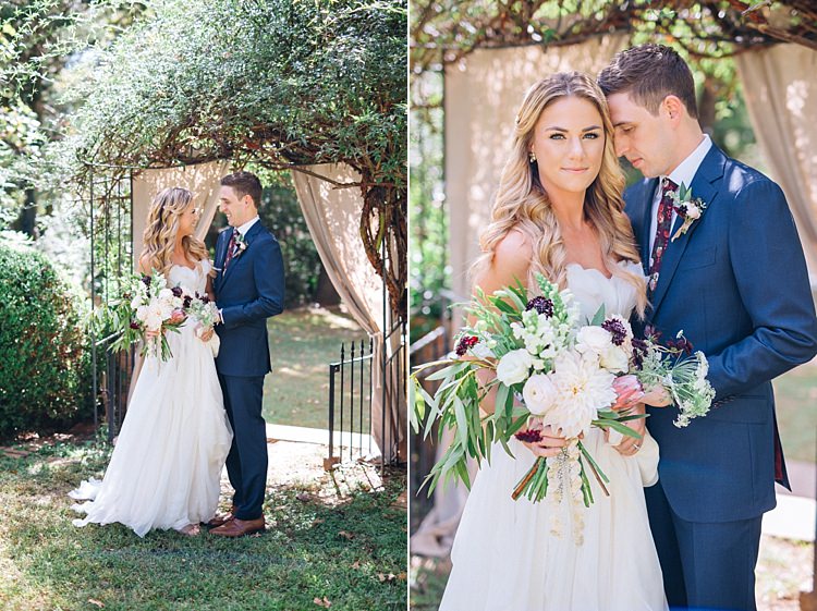 Bride Groom Navy Suit Bohemian Outdoor Greenery Wedding Georgia http://www.sowingclover.com/