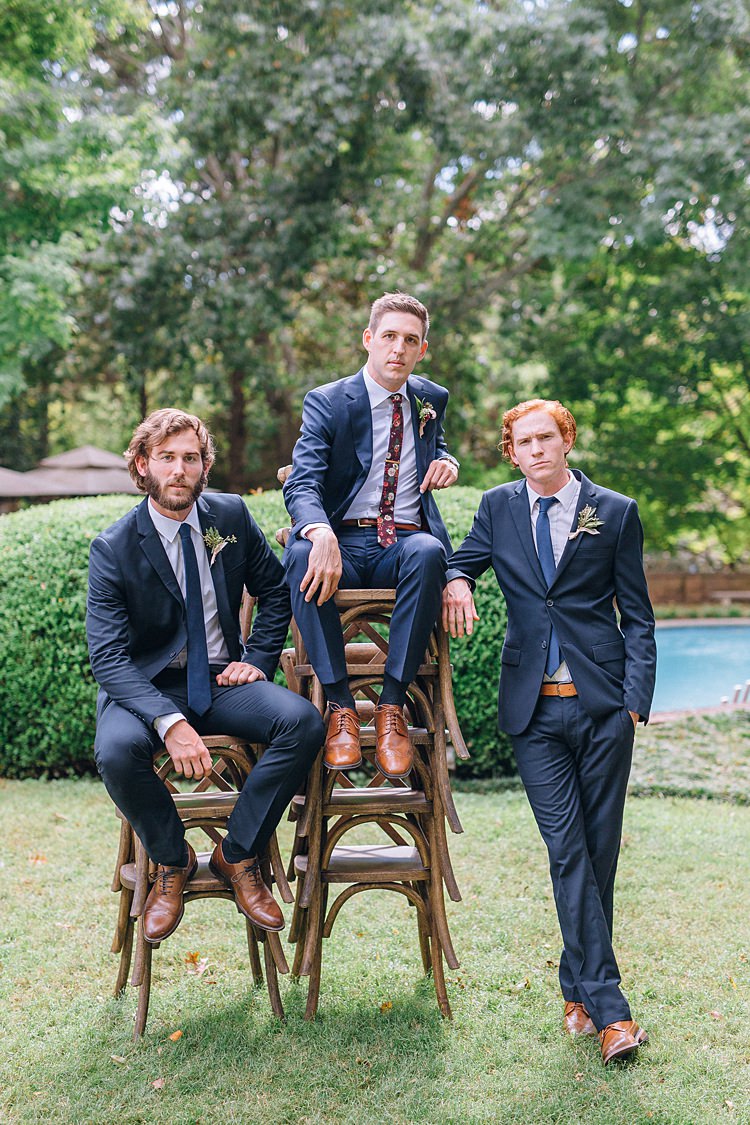 Groomsmen Navy Suits Bohemian Outdoor Greenery Wedding Georgia http://www.sowingclover.com/