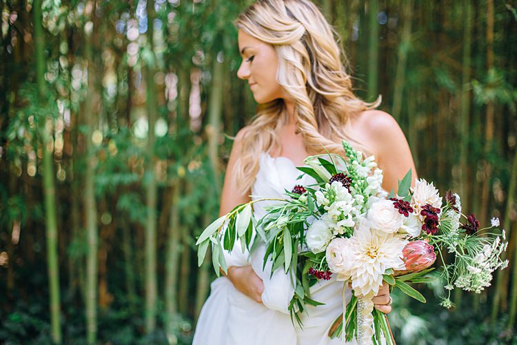 Bride Looking Away Bouquet Bohemian Outdoor Greenery Wedding Georgia http://www.sowingclover.com/