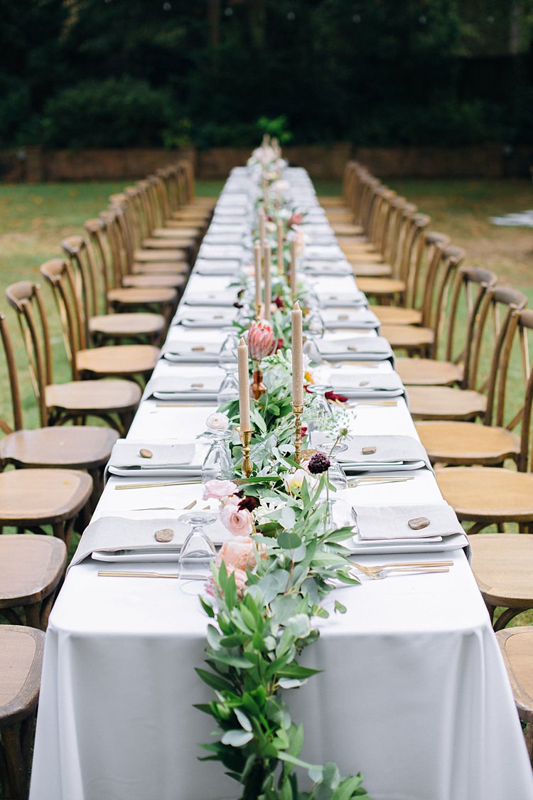 Banquet Table Centre Piece Candles Bohemian Outdoor Greenery Wedding Georgia http://www.sowingclover.com/