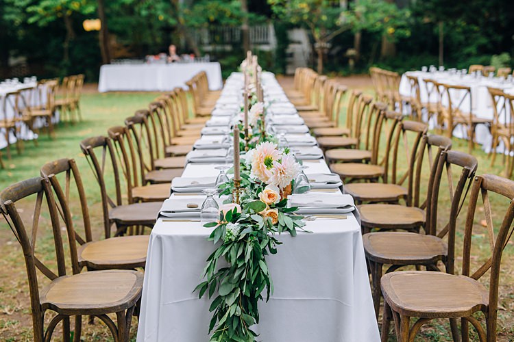 Tables Banquet Centre Piece Candles Bohemian Outdoor Greenery Wedding Georgia http://www.sowingclover.com/