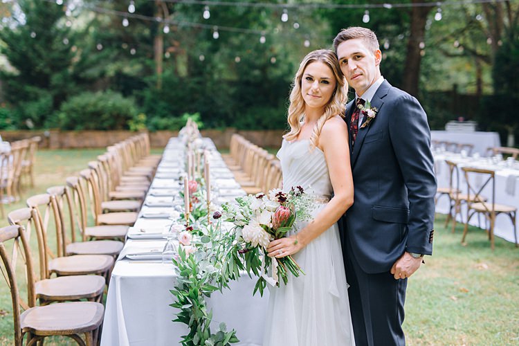 Festoon Lighting Bride Groom Bohemian Outdoor Greenery Wedding Georgia http://www.sowingclover.com/