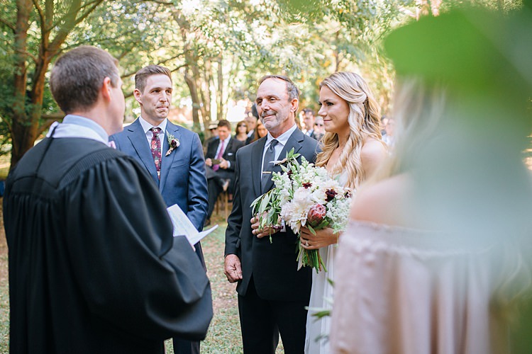 Ceremony Bride Father Groom Bohemian Outdoor Greenery Wedding Georgia http://www.sowingclover.com/