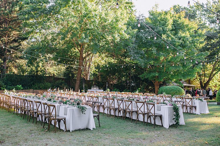 Banquet Tables Festoon Lighting Bohemian Outdoor Greenery Wedding Georgia http://www.sowingclover.com/