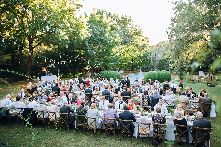 Guests Eating Festoon Lighting Trees Bohemian Outdoor Greenery Wedding Georgia http://www.sowingclover.com/