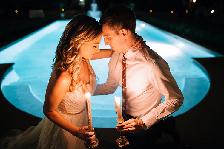 Fountain Night Candles Bride Groom Bohemian Outdoor Greenery Wedding Georgia http://www.sowingclover.com/