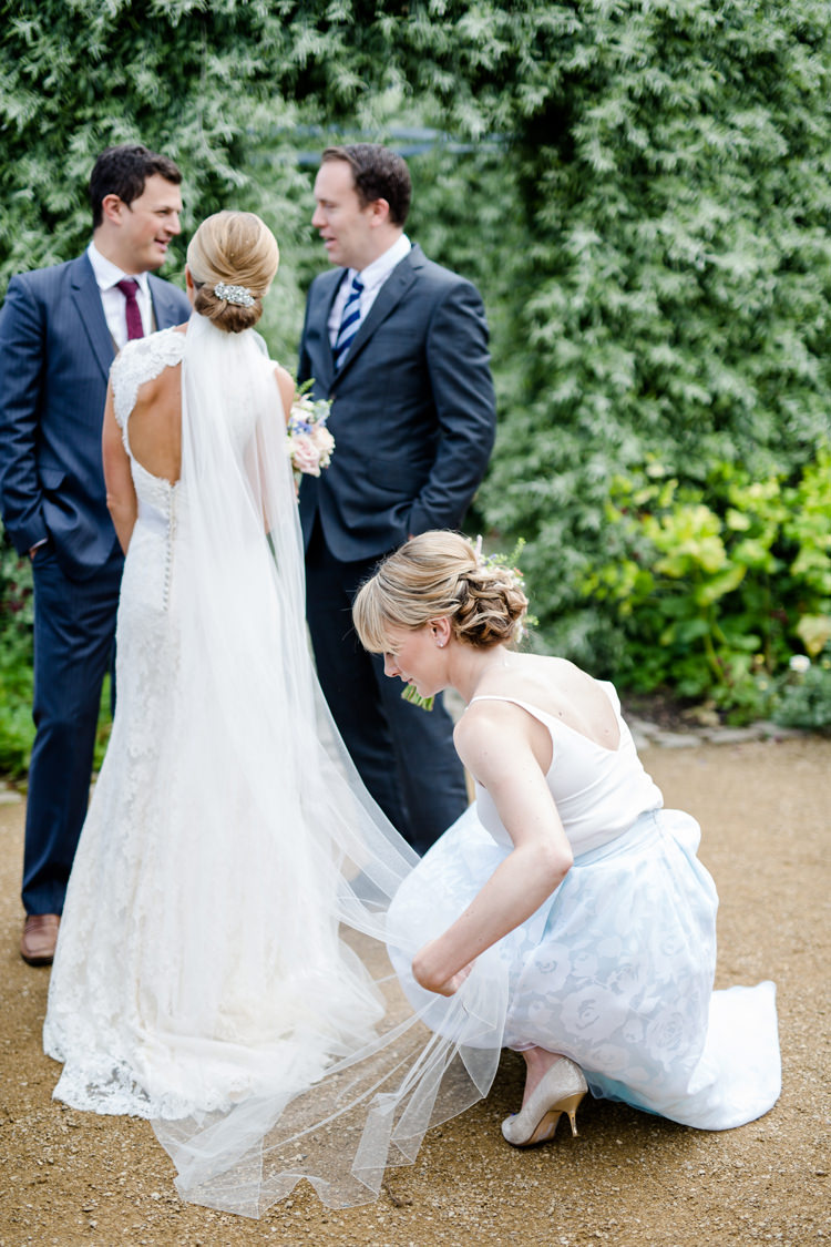 Bride Bridal Dress Gown Keyhole Paloma Blanca Cathedral Veil Chignon Hairpiece Pretty Relaxed Lavender Country Wedding http://www.lydiastampsphotography.com/