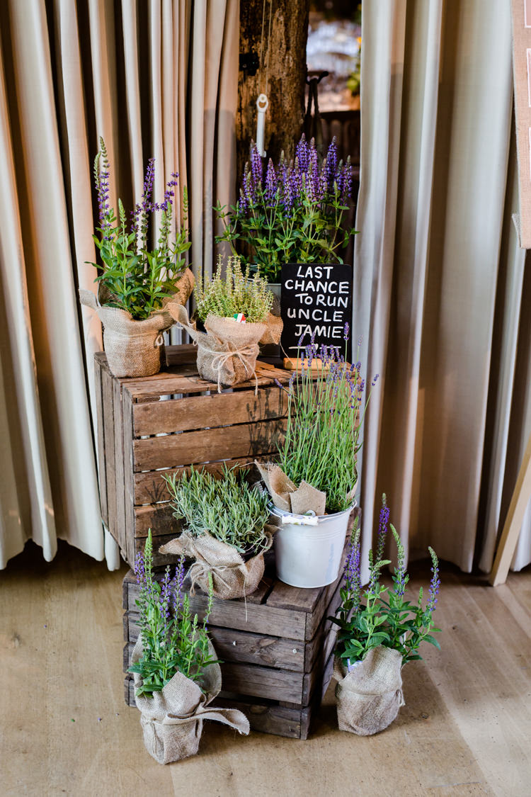 Lavender Pot Hessian Twine Wood Crate Stack Pail Chalk Board Sign Funny Humourous Pretty Relaxed Lavender Country Wedding http://www.lydiastampsphotography.com/