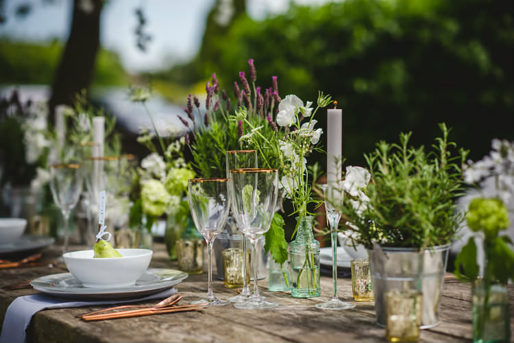 Tablescape Decor Table Flowers Cutlery Plates Candles Pot Plants Garden of Hygge Wedding Ideas http://www.sophieduckworthphotography.com/