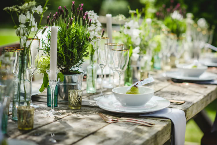 Tablescape Decor Table Flowers Cutlery Plates Candles Pot Plants Garden of Hygge Wedding Ideas http://www.sophieduckworthphotography.com/