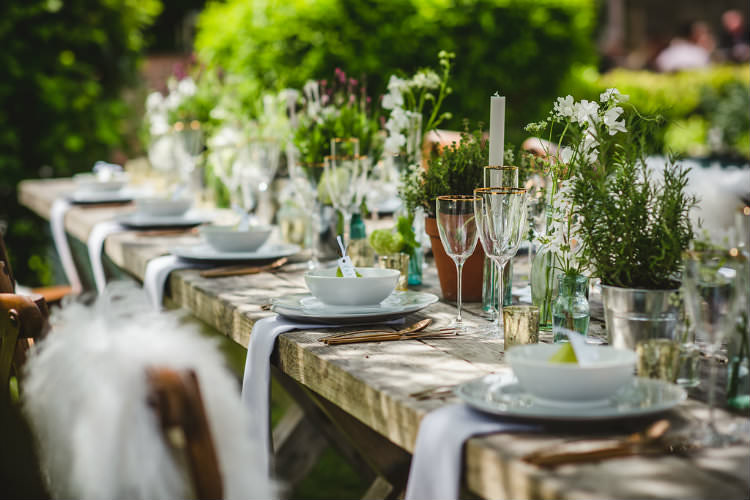 Tablescape Decor Table Flowers Cutlery Plates Candles Pot Plants Garden of Hygge Wedding Ideas http://www.sophieduckworthphotography.com/